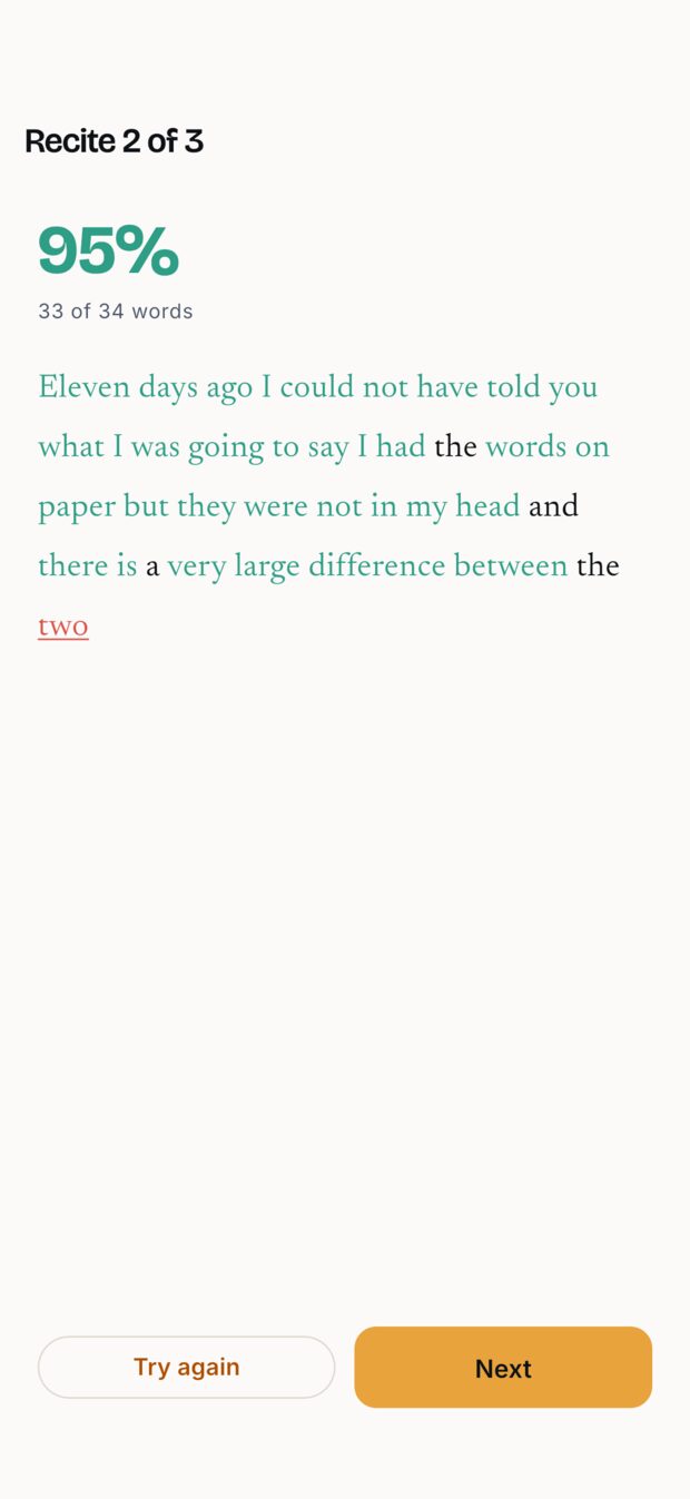 A recitation scored word by word at 95 percent